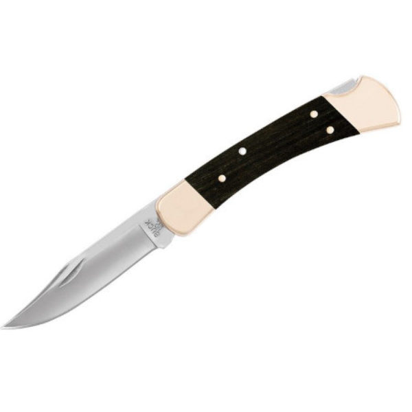 Buck (0110BRS) "Folding Hunter" Manual Folder, 3.75" 420HRC Satin Clip Point Blade, Ebony Wood Handle, Lockback, Black Leather Sheath