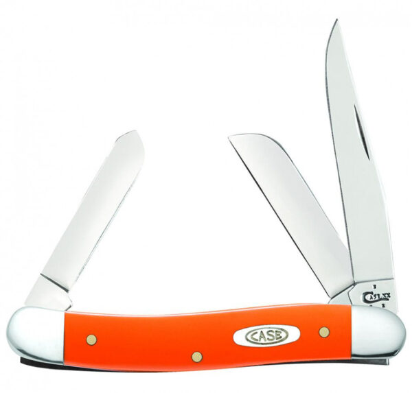 Case (80509) "Stockman" Non-Locking Folder, 2.57"/1.88"/1.71" Stainless Steel Mirror Polish Clip Point/Sheepsfoot/Spey Blades, Orange Synthetic Handle, Slip Joint