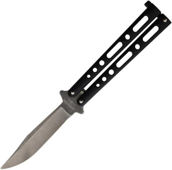 Bear & Sons (BC117BSW) Bali-Song/Butterfly, 4" 440C Stonewash Clip Point Blade, Black Coated Zinc Handle, Latch Lock