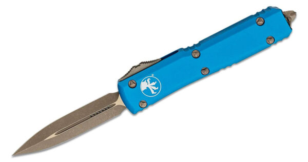 Microtech (122-13APBL) "Ultratech" Dual Action OTF, 3.35" M390 Apocalyptic/Bronze Dagger Blade, Blue Anodized 6061-T6 Aluminum Handle with Glass Breaker