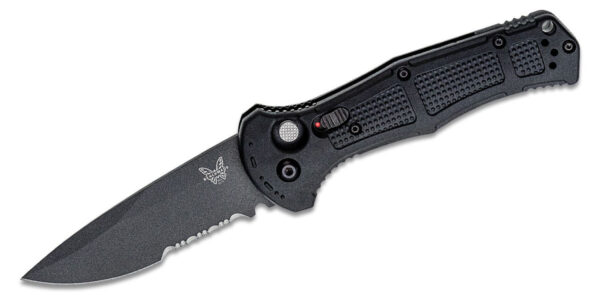 Benchmade (9070SBK) "Claymore" Automatic Folder, 3.60" CPM-D2 Colbalt Black Cerakote Partially Serrated Drop Point Blade, Black Grivory Handle, Push Button Lock