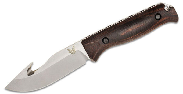 Benchmade (15004) "Saddle Mountain Skinner" Fixed Blade, 4.20" CPM-S30V Satin Drop Point Blade with Gut Hook, Stabilized Wood Handle, Brown Leather Sheath