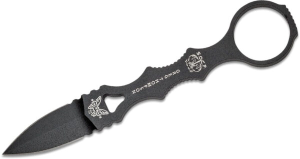 Benchmade (173BK) "SOCP Mini" Fixed Blade, 2.22" 440C Black DLC Dagger Blade, Skeletonized Handle with Finger Ring, Black PIM Sheath