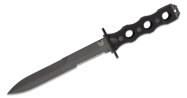 Benchmade (185SBK) "SOCP Fixed Blade" Fixed Blade, 7.11" CPM-3V Cobalt Black Cerakote Partially Serrated Dagger Blade, Black G10 Handle, Black PIM Sheath