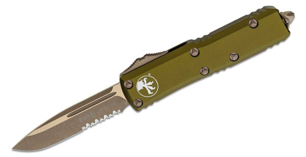 Microtech (231-14APOD) "UTX-85" Dual Action OTF, 3.125" M390 Apocalyptic/Bronzed Partially Serrated Drop Point Blade, OD Green Anodized 6061-T6 Aluminum Handle with Glass Breaker