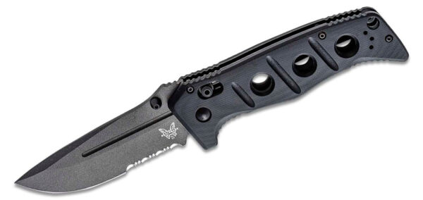 Benchmade (275SGY-1) "Adamas" Manual Folder, 3.82" CPM-CruWear Tungsten Grey Cerekote Partially Serrated Drop Point Blade, Black G10 Handle, Axis Lock