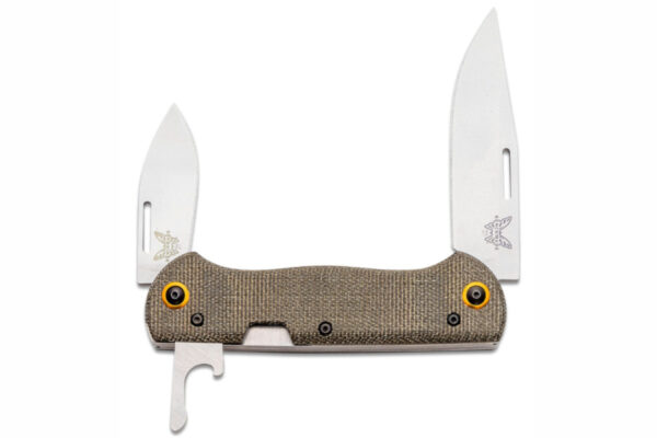 Benchmade (317-1) "Weekender" Non-Locking Folder, 2.97/1.97" CPM-S30V Satin Drop Point/Clip Point Blades, Green Canvas Micarta Handle with Bottle Opener, Slip Joint