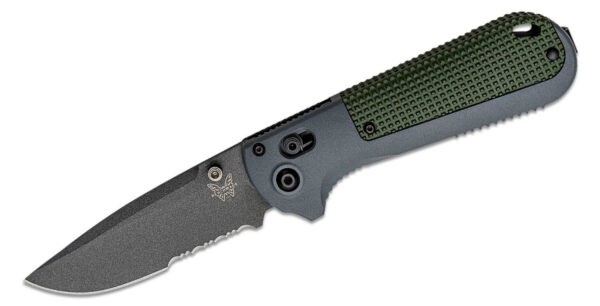 Benchmade (430SBK) "Redoubt" Manual Folder, CPM-D2 3.55" Cobalt Black Cerakote Partially Serrated Drop Point Blade, Green & Gray Grivory Handle, AXIS Lock