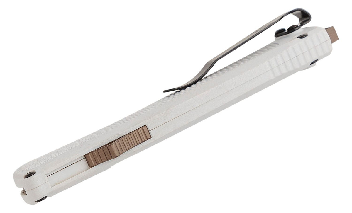 Benchmade (5370FE-02) "Shootout" Dual Action OTF, 3.51" CPM-CruWear FDE CerakoteTanto Blade, Cool Gray Grivory Handle - Image 3