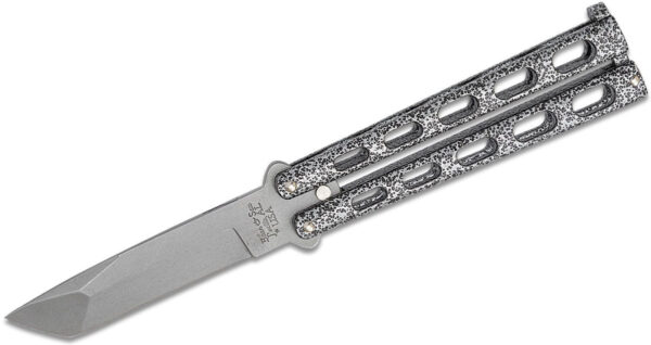 Bear & Sons (BC114A) Bali-Song/Butterfly, 3.375" 440C Bead-Blasted Tanto Blade, Silver Speckled Zinc Handle, Latch Lock