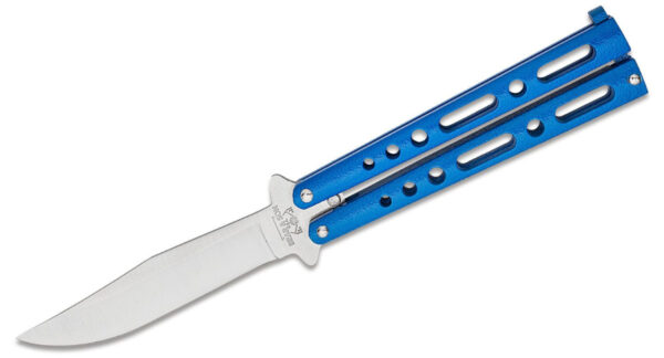 Bear & Sons (BC117BL) Bali-Song/Butterfly, 4" 440C Satin Clip Point Blade, Blue Coated Zinc Handle, Latch Lock