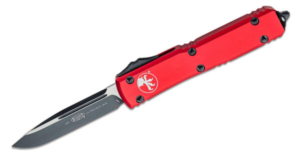 Microtech (121-1RD) "Ultratech" Dual Action OTF, 3.35" M390 Two Tone DLC Drop Point Blade, Red Anodized 6061-T6 Aluminum Handle with Glass Breaker