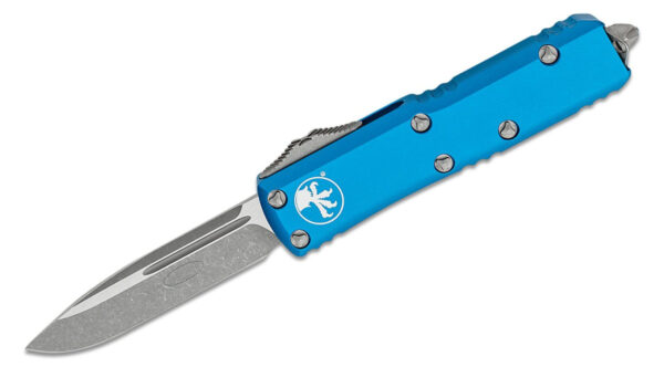 Microtech (231-10APBL) "UTX-85" Dual Action OTF, 3.11" M390 Apocalyptic Drop Point Blade, Blue Anodized 6061-T6 Aluminum Handle with Glass Breaker