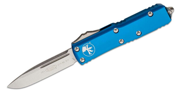 Microtech (231-10BL) "UTX-85" Dual Action OTF, 3.125" M390 Stonewashed Drop Point Blade, Blue Anodized 6061-T6 Aluminum Handle with Glass Breaker