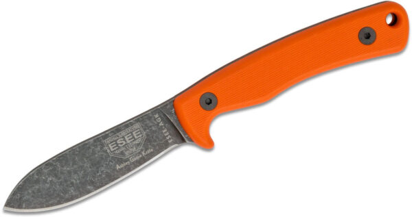 Esee (ESAGKOR) "Ashley Game Knife" Fixed Blade, 3.5" 1095 High Carbon Black Oxide Drop Point Blade, Orange G-10 Handle, Leather Sheath