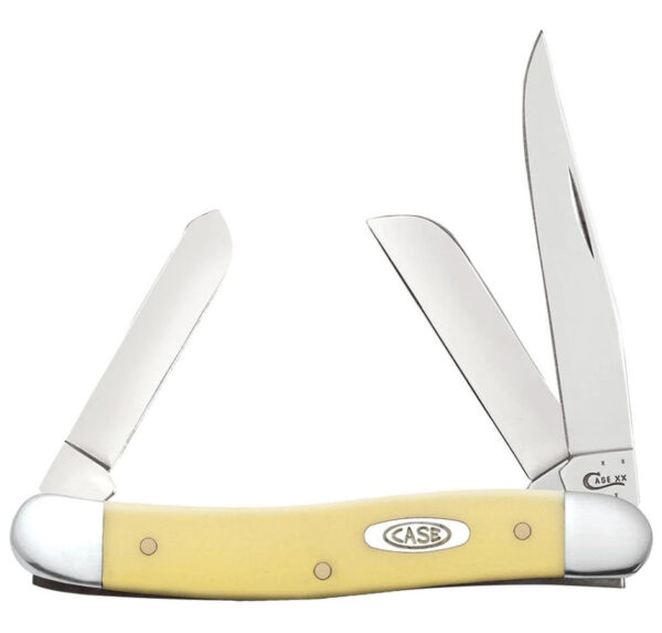 Case (80035) "Stockman" Non-Locking Folder, 2.57"/1.88"/1.71" Stainless Steel Tumble Polish Clip Point/Sheepsfoot/Spey Blades, Yellow Synthetic Handle, Slip Joint