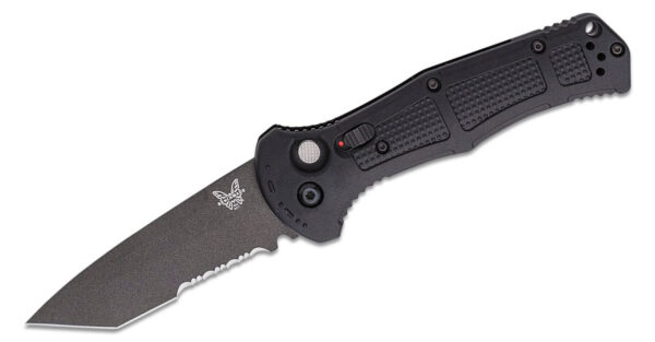 Benchmade (9071SBK) "Claymore" Automatic Folder, 3.60" CPM-D2 Colbalt Black Cerakote Partially Serrated Tanto Blade, Black Grivory Handle, Push Button Lock