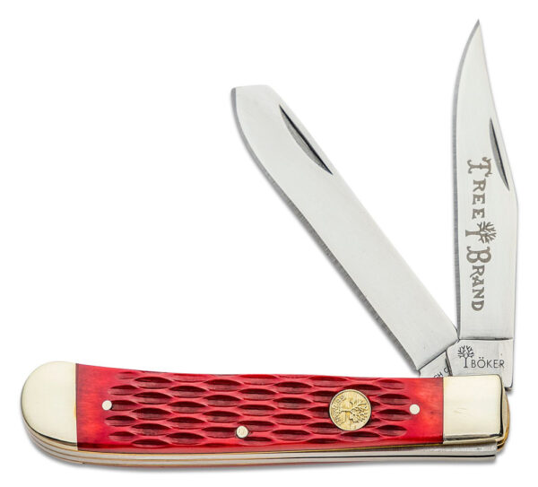 Boker (110747) "Red Trapper" Non-Locking Folder, 3.125" Stainless Steel Mirror Polish Clip Point/Spey Blades, Red Bone Handle, Slip Joint