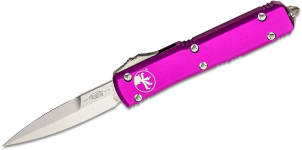 Microtech (120-10VI) "Ultratech" Dual Action OTF, 3.35" M390 Stonewashed Bayonet Blade, Violet Anodized 6061-T6 Aluminum Handle with Glass Breaker