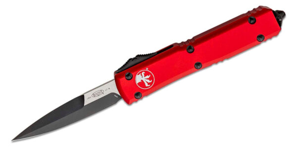 Microtech (120-1RD) "Ultratech" Dual Action OTF, 3.35" M390 Two Tone DLC Dagger Blade, Red Anodized 6061-T6 Aluminum Handle with Glass Breaker