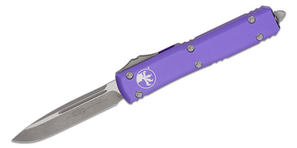 Microtech (121-10APPU) "Ultratech" Dual Action OTF, 3.35" M390 Apocalyptic Drop Point Blade, Purple Anodized 6061-T6 Aluminum Handle with Glass Breaker