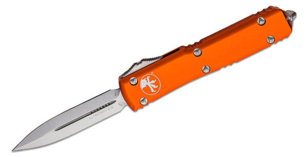 Microtech (122-10OR) "Ultratech" Dual Action OTF, 3.35" M390 Stonewashed Dagger Blade, Orange Anodized 6061-T6 Aluminum Handle with Glass Breaker