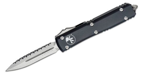 Microtech (122-12) "Ultratech" Dual Action OTF, 3.35" M390 Stonewashed Fully Serrated Dagger Blade, Black Anodized 6061-T6 Aluminum Handle with Glass Breaker