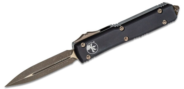 Microtech (122-13AP) "Ultratech" Dual Action OTF, 3.35" M390 Apocalyptic/Bronze Dagger Blade, Black Anodized 6061-T6 Aluminum Handle with Glass Breaker
