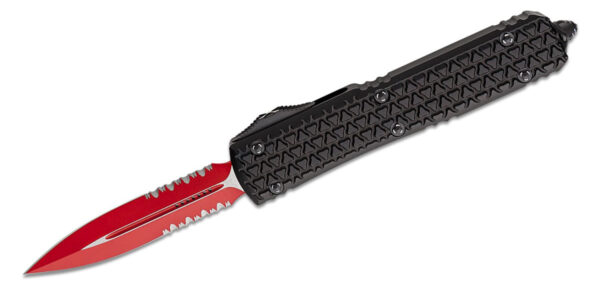 Microtech (122-2SL) "Sith Lord Ultratech" Dual Action OTF, 3.35" M390 Red DLC Dual Partially Serrated Dagger Blade, Black Anodized Tri-Grip Milled 6061-T6 Aluminum Handle with Glass Breaker