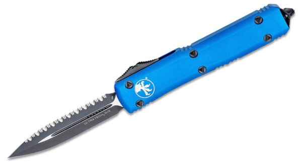 Microtech (122-3BL) "Ultratech" Dual Action OTF, 3.35" M390 Two Tone DLC Fully Serrated Dagger Blade, Blue Anodized 6061-T6 Aluminum Handle with Glass Breaker
