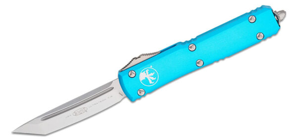 Microtech (123-10TQ) "Ultratech" Dual Action OTF, 3.35" M390 Stonewashed Tanto Blade, Turquoise Anodized 6061-T6 Aluminum Handle with Glass Breaker
