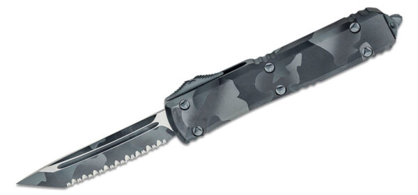 Microtech (123-3UCS) "Ultratech" Dual Action OTF, 3.35" M390 Urban Camo Fully Serrated Tanto Blade, Urban Camo Anodized 6061-T6 Aluminum Handle with Glass Breaker