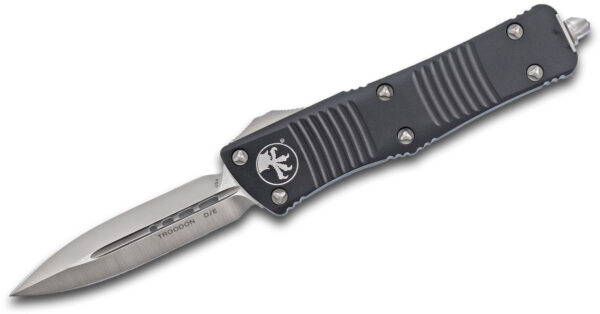 Microtech (138-4) "Troodon" Dual Action OTF, 3.02" M390 Satin Dagger Blade, Black Anodized 6061-T6 Aluminum Handle with Glass Breaker