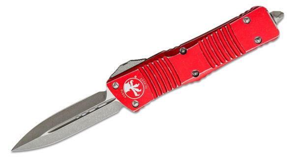 Microtech (142-10DRD) "Combat Troodon" Dual Action OTF, 3.81" M390 Stonewashed Dagger Blade, Distressed Red Anodized 6061-T6 Aluminum Handle with Glass Breaker