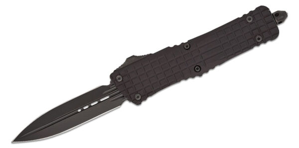 Microtech (142-1CT-DSH) "Combat Troodon Delta Shadow" Dual Action OTF, 3.81" M390 Black DLC Fluted Dagger Blade, Black Anodized Frag Pattern Milled 6061-T6 Aluminum Handle with Glass Breaker