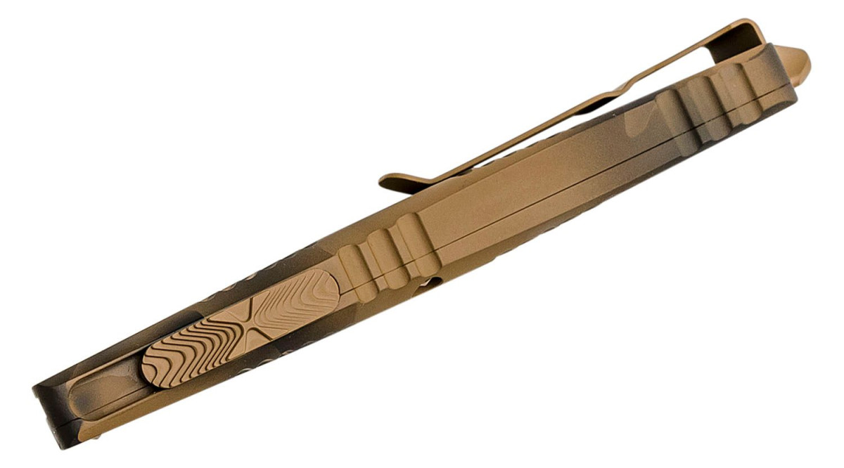 Microtech (142-3CCS) "Combat Troodon" Dual Action OTF, 3.81" M390 Coyote Tan Camo DLC Fully Serrated Dagger Blade, Coyote Tan Camo Anodized 6061-T6 Aluminum Handle with Glass Breaker - Image 3