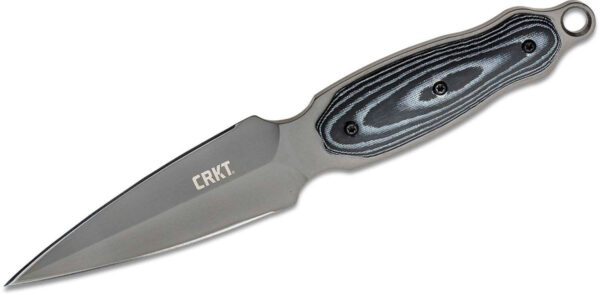 CRKT (2075) "Shrill" Fixed Blade,  4.77" 8Cr13MoV Black Titanium Coated Dagger Blade, Black/Gray G-10 Handle, Leather Sheath with Clip