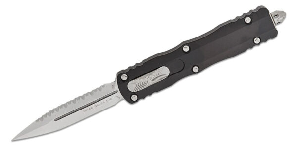 Microtech (227-12) "Dirac Delta" Dual Action OTF, 3.79" M390 Stonewashed Fully Serrated Dagger Blade, Black Anodized 6061-T6 Aluminum Handle with Glass Breaker