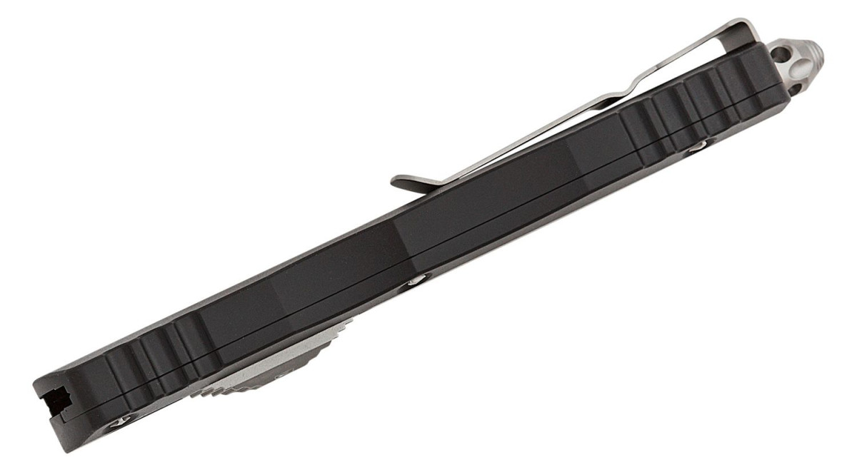 Microtech (227-12) "Dirac Delta" Dual Action OTF, 3.79" M390 Stonewashed Fully Serrated Dagger Blade, Black Anodized 6061-T6 Aluminum Handle with Glass Breaker - Image 3