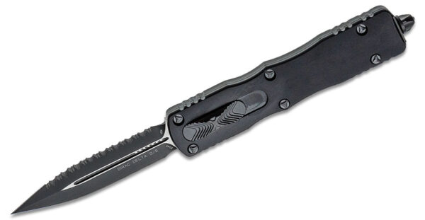 Microtech (227-3T) "Dirac Delta" Dual Action OTF, 3.79" M390 Black DLC Fully Serrated Dagger Blade, Black Anodized 6061-T6 Aluminum Handle with Glass Breaker