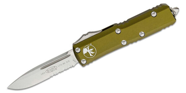 Microtech (231-11) "UTX-85" Dual Action OTF, 3.125" M390 Stonewashed Partially Serrated Drop Point Blade, OD Green Anodized 6061-T6 Aluminum Handle with Glass Breaker