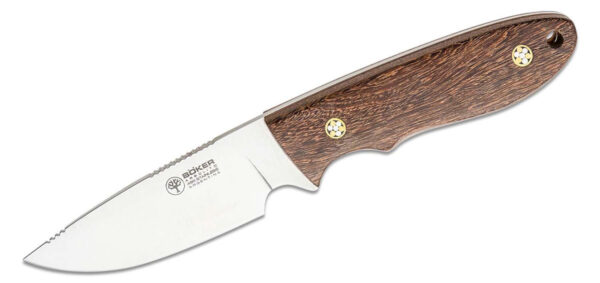 Boker (02BA701G) "Pine Creek Wood" Fixed Blade, 3.58" T6MoV Mirror Polish Drop Point Blade, Brown Guayacan Wood Handle, Brown Leather Sheath