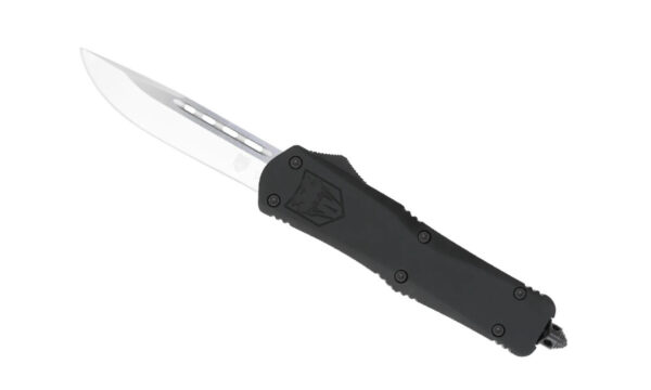 Cobratec (LBFS-3DNS) "Large FS-3" Dual Action OTF, 3.50" D2 Satin Drop Point Blade, Black Aluminum Handle with Glass Breaker