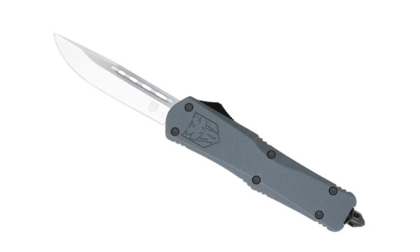 Cobratec (LGYFS-3DNS) "Large FS-3" Dual Action OTF, 3.50" D2 Satin Drop Point Blade, Gray Aluminum Handle with Glass Breaker