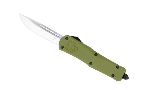 Cobratec (LODCFS-3DNS) "Large FS-3" Dual Action OTF, 3.50" D2 Satin Drop Point Blade, OD Green Aluminum Handle with Glass Breaker