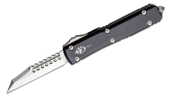Microtech (119W-10S) "Ultratech" Dual Action OTF, 3.35" M390 Satin War Hound (Wharncliffe) Blade, Black Anodized 6061-T6 Aluminum Handle with Glass Breaker