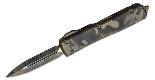Microtech (122-3OCS) "Ultratech" Dual Action OTF, 3.35" M390 Olive Camo DLC Fully Serrated Dagger Blade, Olive Camo Anodized 6061-T6 Aluminum Handle with Glass Breaker