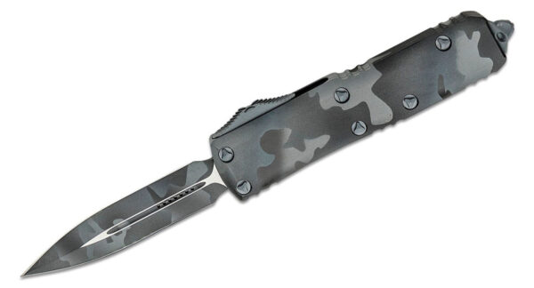 Microtech (232-1UCS) "UTX-85" Dual Action OTF, 3.11" M390 Grey Urban Camo DLC Dagger Blade, Grey Urban Camo Anodized 6061-T6 Aluminum Handle with Glass Breaker