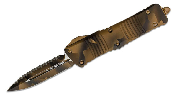 Microtech (142-3CCS) "Combat Troodon" Dual Action OTF, 3.81" M390 Coyote Tan Camo DLC Fully Serrated Dagger Blade, Coyote Tan Camo Anodized 6061-T6 Aluminum Handle with Glass Breaker