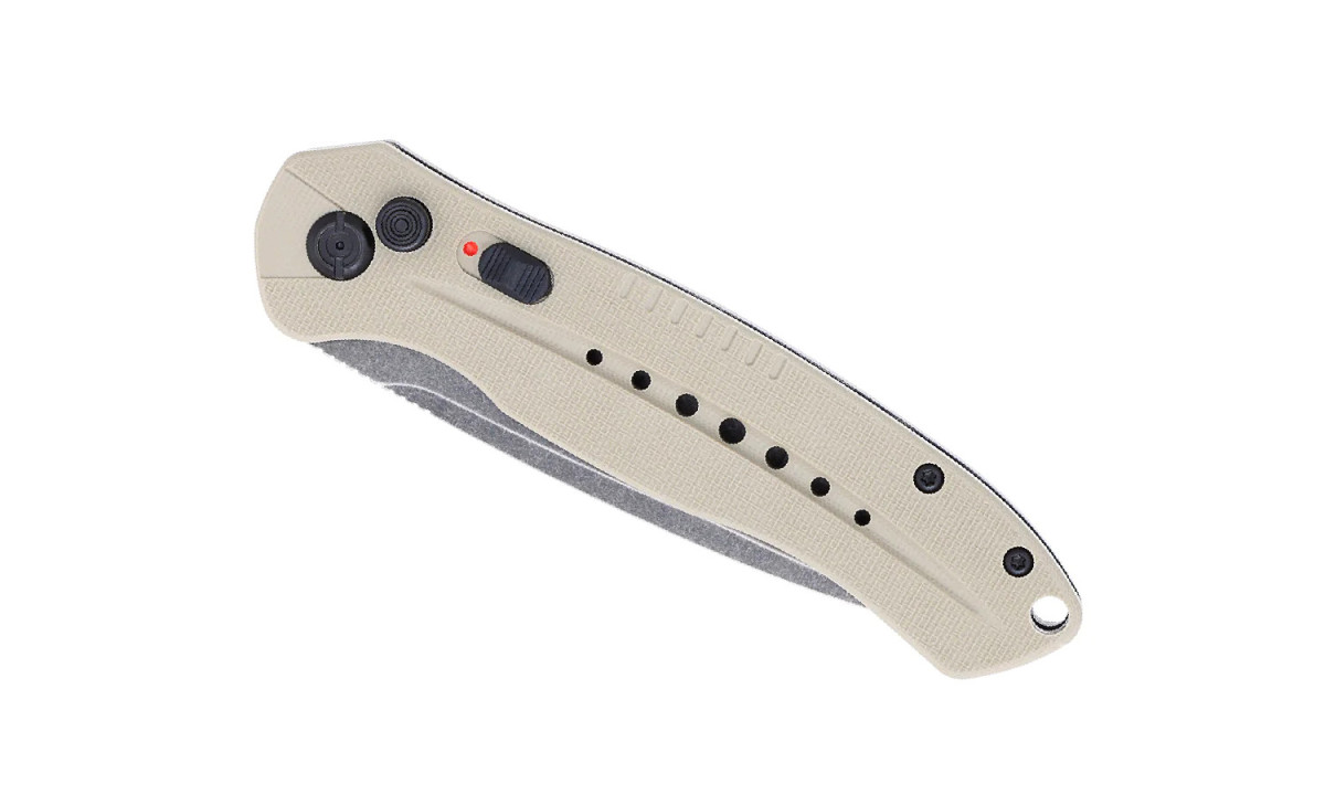 Cobratec (TANDIABLOAUTO) "Diablo" Automatic Folder, 4.00" D2 Stonewash Drop Point Blade, Tan G-10 Handle, Push Button Lock - Image 3